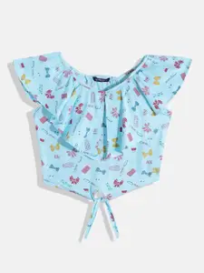 Allen Solly Junior Girls Blue & Pink Conversational Print Blouson Top with Tie-Ups