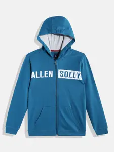 Allen Solly Junior Boys Teal Blue & White Pure Cotton Brand Logo Print Hooded Sweatshirt