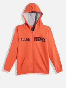 Allen Solly Junior Boys Orange Pure Cotton Brand Logo Printed Hooded Sweatshirt