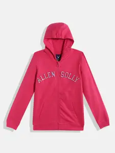 Allen Solly Junior Girls Fuchsia Pink Brand Logo Embossed Pure Cotton Hooded Sweatshirt