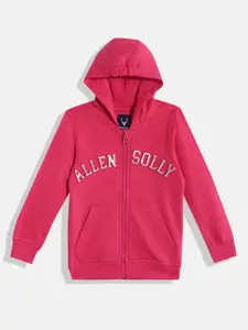 Allen Solly Junior Girls Fuchsia Pink Brand Logo Embossed Pure Cotton Hooded Sweatshirt