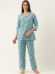 Bannos Swagger Women Blue & Pink Printed Night suit