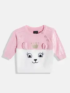 Allen Solly Junior Girls Pink & White Colourblocked Pullover with Applique Detail