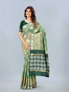 Mizzific Lime Green & Green Woven Design Zari Silk Cotton Banarasi Saree