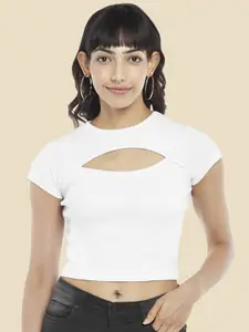 People White Cut Out Neck Pure Cotton Crop Top