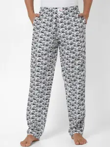 Underjeans by Spykar Men White & Grey Printed Cotton Regular Fit Lounge Pants