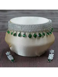 AURAA TRENDS Rhodium-Plated Green AD Studded Choker Necklace Jewellery Set