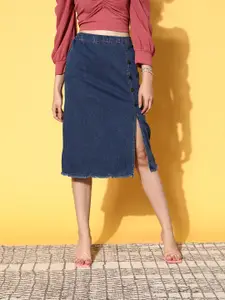 plusS Stylish Blue Solid Roman Column Skirt