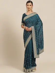 Kalista Teal & Gold-Toned Ethnic Motifs Zari Saree
