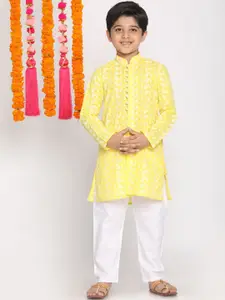 VASTRAMAY Boys Mustard Yellow Floral Printed Angrakha Chikankari Pure Cotton Kurti with Pyjamas