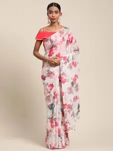 Ahalyaa White & Red Floral Printed Saree