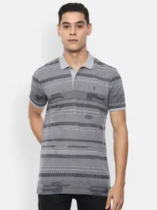 Louis Philippe Sport Men Grey Striped Polo Collar Slim Fit T-shirt