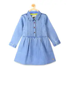 Cherry Crumble Girls Blue Denim Solid Fit and Flare Dress