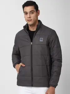 Peter England Casuals Men Grey Colourblocked Longline Padded Jacket with Patchwork