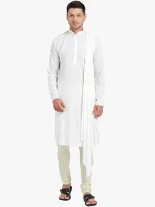 KISAH Men White & light cyan Thread Work Kurta