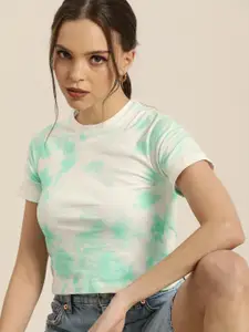 Moda Rapido Women White & Green Tie and Dye Crop Pure Cotton T-shirt