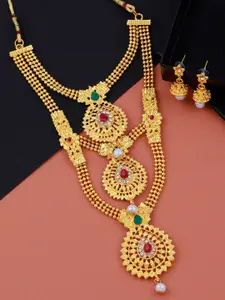 Silver Shine Gold-Plated Stone Studded Long Necklace  Jewellery Set