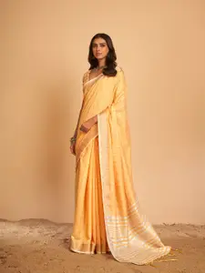 elora Orange & Silver-Toned Woven Design Zari Linen Blend Bhagalpuri Saree