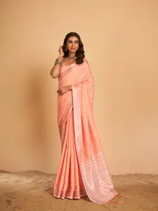 elora Peach & Silver-Toned Woven Design Linen Blend Bhagalpuri Saree