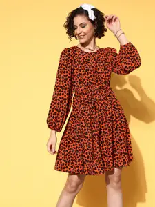 plusS Women Orange Animal Print Casual Dress