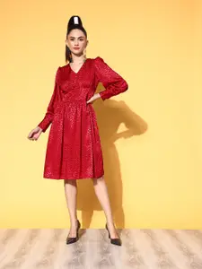 plusS Women Maroon Self-Design Retro Optimism Dress