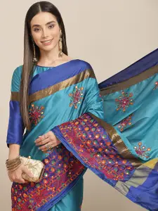 SERONA FABRICS Blue Ethnic Motifs Sequinned Silk Cotton Saree