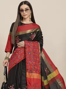 SERONA FABRICS Black & Red Ethnic Motifs Sequinned Silk Cotton Saree