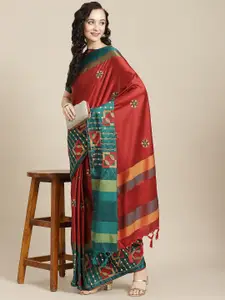 SERONA FABRICS Red & Green Sequined & Embroidered Silk Cotton Saree With Blouse