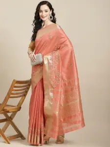 SERONA FABRICS Peach-Coloured Embroidered Woven Design Silk Cotton Saree with Blouse