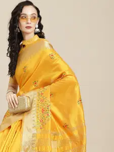 SERONA FABRICS Yellow Floral Embroidered Woven Design Silk Cotton Saree with Blouse