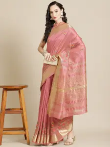 SERONA FABRICS Pink Floral Embroidered Woven Design Silk Cotton Saree with Blouse
