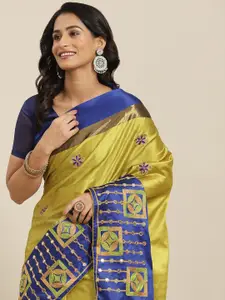 SERONA FABRICS Yellow & Blue Floral Sequinned Thread Embroidered Silk Cotton Saree