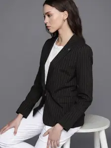 Allen Solly Woman Black & White Striped Single-Breasted Formal Blazers