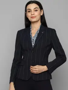 Allen Solly Woman Navy Blue & White Striped Single Breasted Blazers