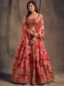 FABPIXEL Red & Gold-Toned Embroidered Sequinned Shibori Semi-Stitched Lehenga & Unstitched Blouse With