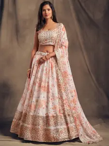 FABPIXEL White & Peach-Coloured Embroidered Sequinned Shibori Semi-Stitched Lehenga & Unstitched Blouse With