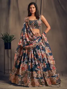 FABPIXEL Blue & Peach-Coloured Embroidered Sequinned Shibori Semi-Stitched Lehenga & Unstitched Blouse With