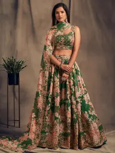 FABPIXEL Green & Pink Embroidered Sequinned Shibori Semi-Stitched Lehenga & Unstitched Blouse With Dupatta