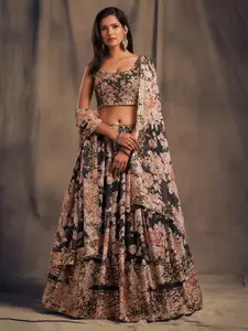 FABPIXEL Black & Peach-Coloured Embroidered Sequinned Shibori Semi-Stitched Lehenga & Unstitched Blouse With