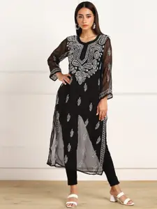 VAHSON Women Black & brown Ethnic Motifs Embroidered Flared Sleeves Handloom Georgette Kurta