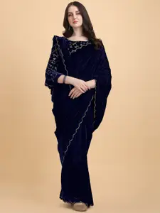 PMD Fashion Blue & Gold-Toned Embellished Aari Work Velvet Saree
