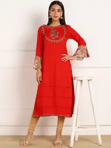 VAHSON Women Red & lust Embroidered Flared Sleeves Thread Work Kurta