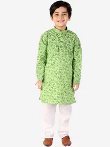 Pro-Ethic STYLE DEVELOPER Boys Green Printed Pure Cotton Kurta with Salwar