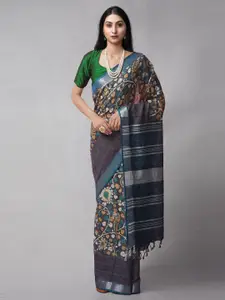Unnati Silks Green & Orange Kalamkari Kantha Work Pure Cotton Jamdani Saree
