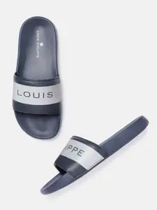 Louis Philippe Men Navy Blue & Grey Brand Name Print Leather Sliders