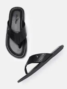 Louis Philippe Men Black Solid Leather Perforated Comfort Sandals