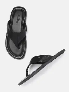 Louis Philippe Men Black Solid Leather Comfort Sandals