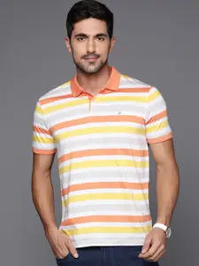 Louis Philippe Men Coral Orange & White Striped Polo Collar Pure Cotton T-shirt