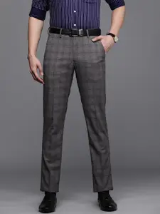 Louis Philippe Men Charcoal Grey Checked Slim Fit Formal Trousers