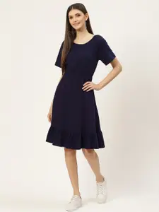 BRINNS Navy Blue Solid Pure Cotton Fit and Flare Midi Dress